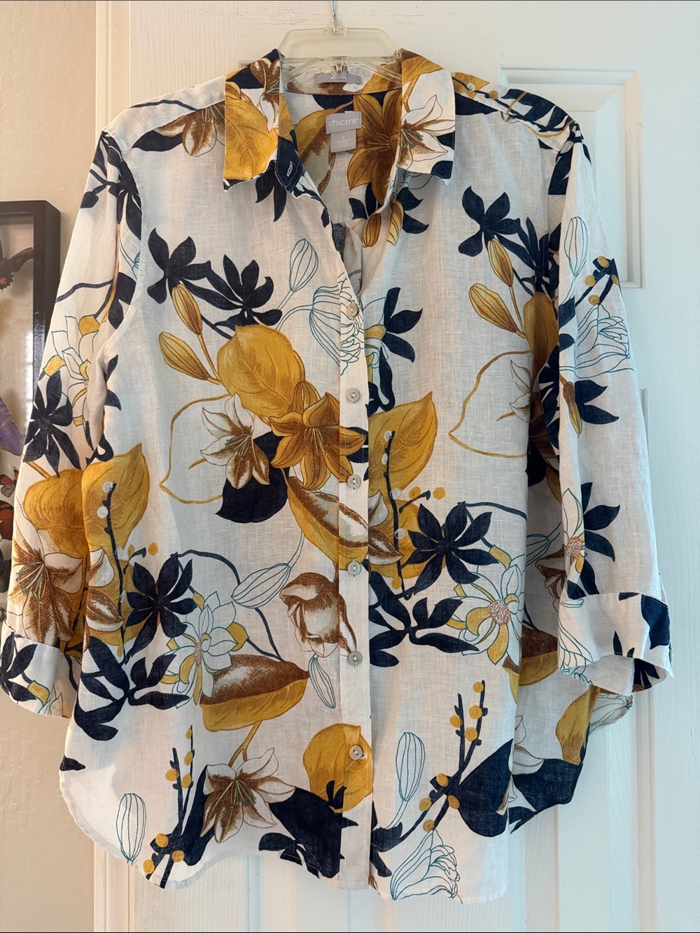 Chico's Linen Button-Down 3/4 Sleeve Top Shirt Size 3